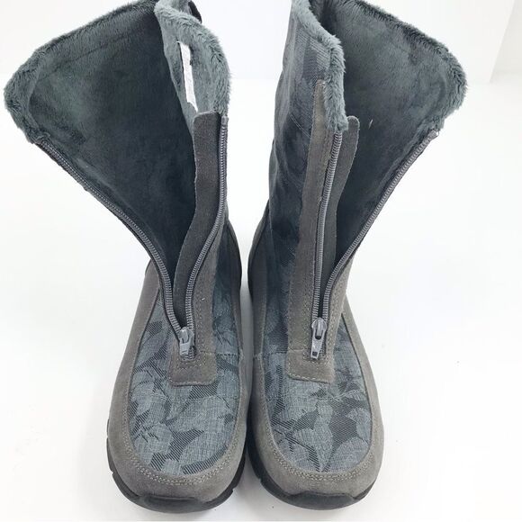 Land’s End Gray Suede Floral Canvas Front Zip Faux Fur Lined Thermolite Boot NEW - Picture 6 of 16